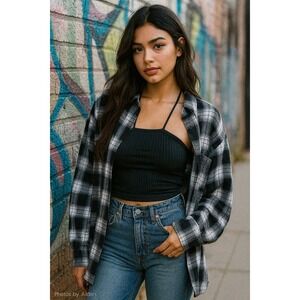 Old Navy Womens Flannel Shirt XL Black Plaid Boyfriend 100%‎ Cotton Indie Grunge